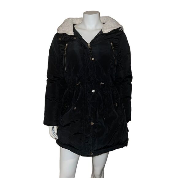 Bebe Womens Faux Sherpa Hood Anorak Coat OLYA229H Black Large NWT NWD - Picture 1 of 9